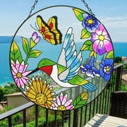 12" Indoor Hummingbird Stained Glass Window Hangings, Suncatcher Panel Home Decor with Chains