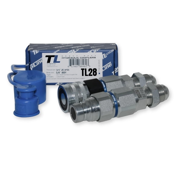 #12 JIC Thread | 5/8" Body High Flow Flat Face Hydraulic Quick Connect Coupler | Bulkhead Mount | Skid Steer Bobcat Attachment | ISO 16028 | Coupling Set with Dust Caps | Model TL28