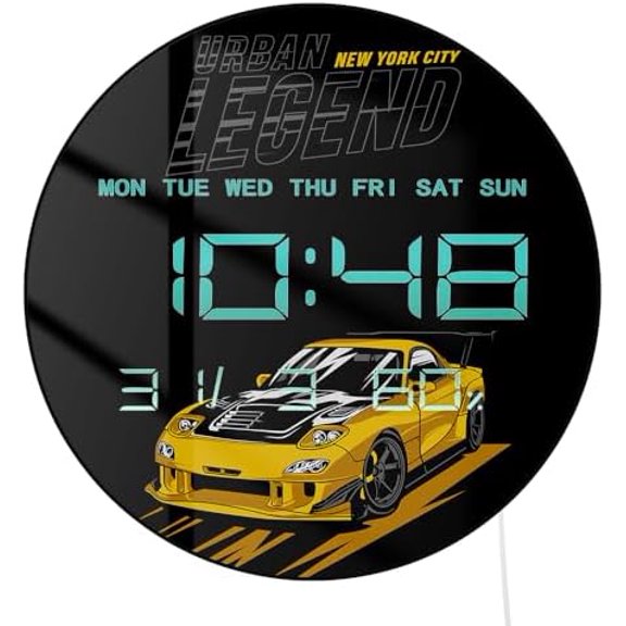 12'' King of The Street Race Car Digital Wall Clock with LED Display, Drift Race Electric Wall Clock Auto-Brightness, 12/24hr, Temperature, Date, Plug in LED Garage Clocks for Men Car Guys