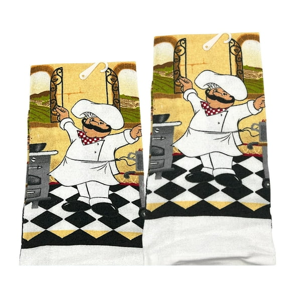 (12) Kitchen Towels Chef Themed Printed Summer Spring Absorbent Cocktail Bar Dish Hand Decoration Bathroom Towel 15x25in Drying Soft Feel 100% Cotton Cooking Baking Gifts Set & CUSTOM Storage Carrier