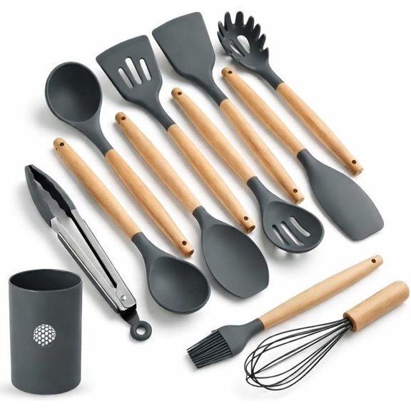 12- Kitchen Utensil Set with Wooden Handles - Heat Resistant (446?F), Non-Stick Safe Cooking Tools, Grade Spatula & Cooking Set, Budget - SMALL (Gray)