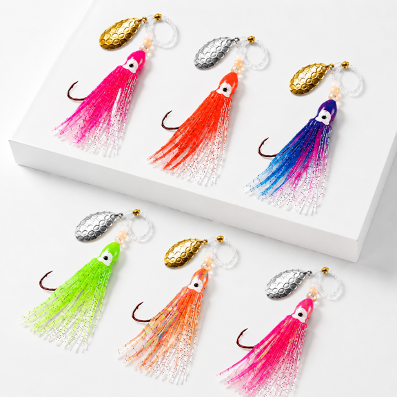 12-Kokanee Glow Squid Fishing Hoochie Trolling Lure with Pre-Rigged Hooks