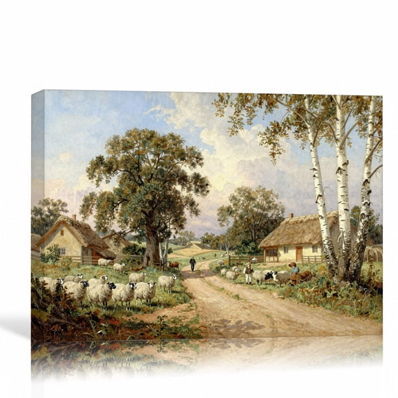 12"L x 8"W Country Wall Art Canvas, Pastoral Sheep Painting with Trees and Rustic Farm Scenery, Gallery Wrapped Decor for Living Room Bedroom
