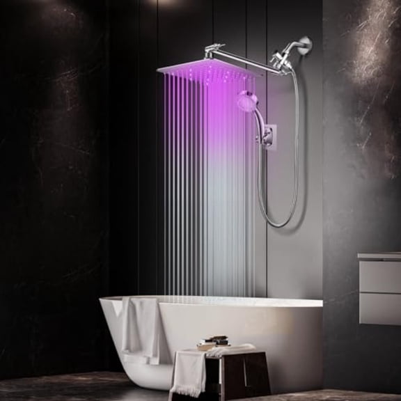 12-LED Color Changing Rainfall Shower Head with Flexible Arm and Hose, Stainless Steel High Pressure Shower System for a Relaxing Shower Experience