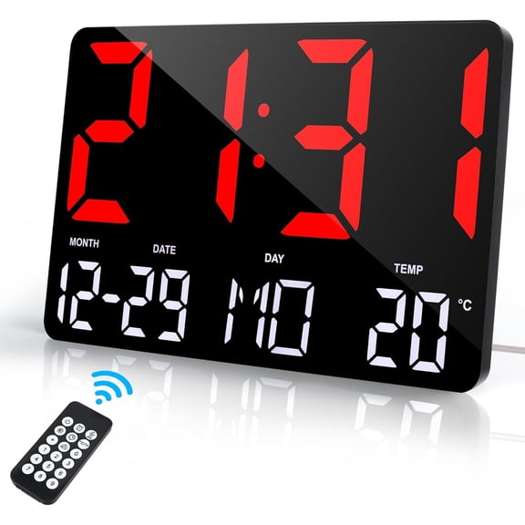 12" LED Digital Wall Clock Large Display, Wall Mountable and Desktop Clock with Remote Control, , Date, Day, Temperature, Modern  Clocks for Bedroom Living Room Office, Red