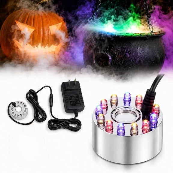 12 LED Light Ultrasonic Mist Maker Fogger, Mini Fog Machine for Halloween, Small Ultrasonic Fog Machine for Cauldron Halloween, Mini Air Humidifier with 3 Light Modes for Water Garden Fountain Pond