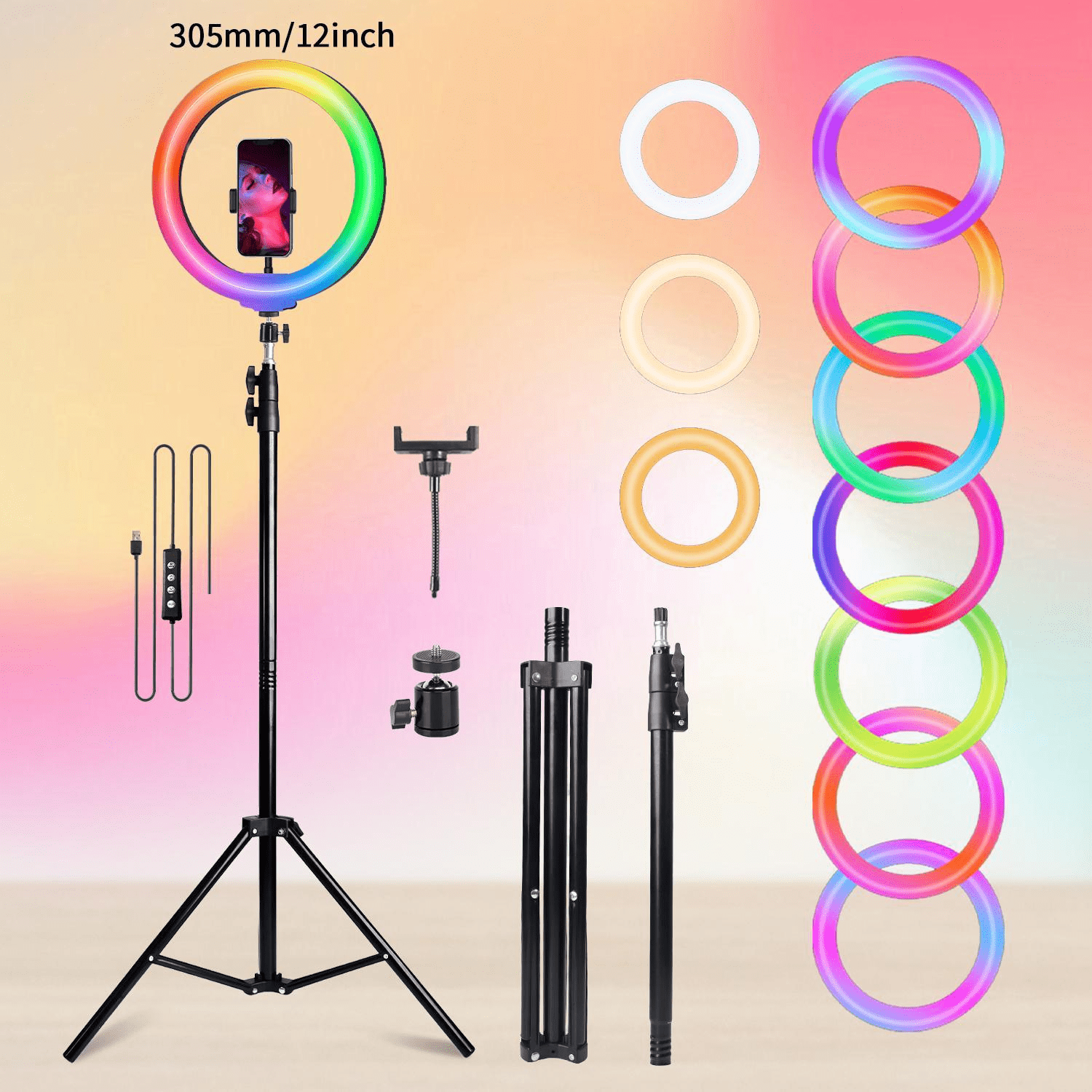 12" LED RGB Ring Light w/ 63" Tripod & Phone Holder - 10 Modes & 10 Brightness - for YouTube/Instagram/Live Stream - Valentine's/New Year's Lights