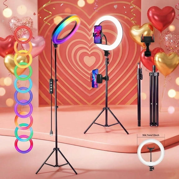 12" LED RGB Ring Light w/ 63" Tripod & Phone Holder - 10 Modes & 10 Brightness - for YouTube/Instagram/Live Stream - Valentine's/New Year's Lights