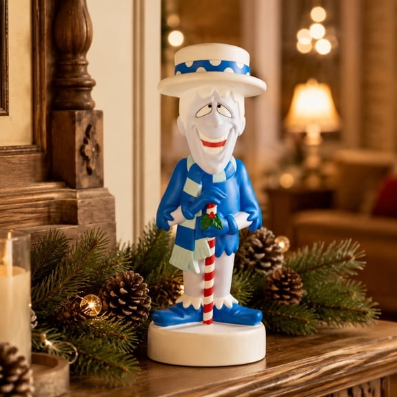12" LED Retro Snow Miser Christmas Blow Mold Statue, Plug-In Illuminated Holiday Ornament, Versatile Yard Art For Front Porch Floors, Garden Lawns And Mid-Year Holiday Party Props
