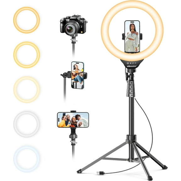 12'' LED Ring Light with 62'' Tripod Stand, Selfie Ring Light for Video Recording, Live Streaming, TikTok & YouTube, Compatible with iPhone & Android (Black)