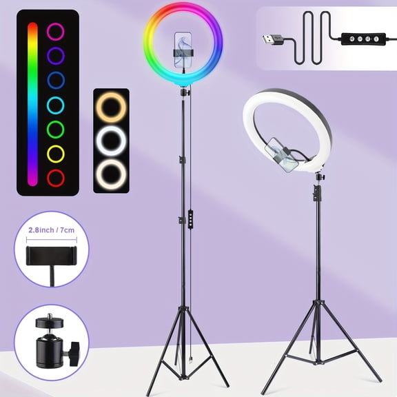 12" LED Ring Light with 63" Tripod, RGB Color Modes, Dual Brightness, USB Powered for Streaming, Makeup, Video Recording