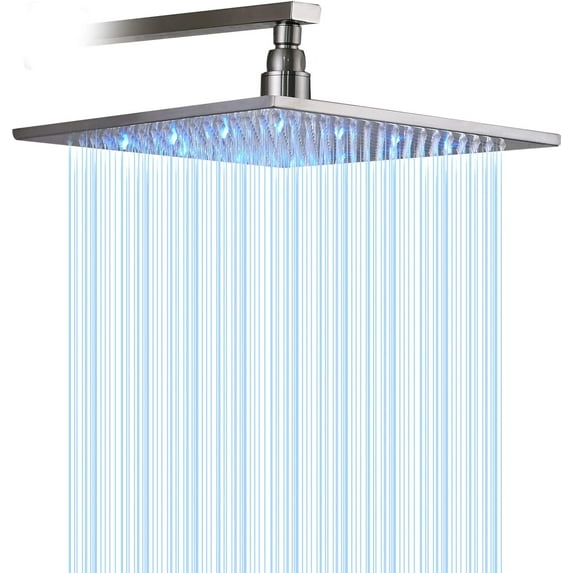 12" LED Square Rainfall Shower Head Brushed Nickel Top Sprayer Shower Head Wall/Ceiling Mounted