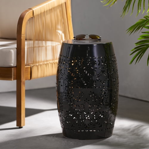 12" Lace Cut Metal End Table, Barrel Shape, No Assembly Required with Rust Proof for Outdoor Indoor Garden Patio Backyard, Black