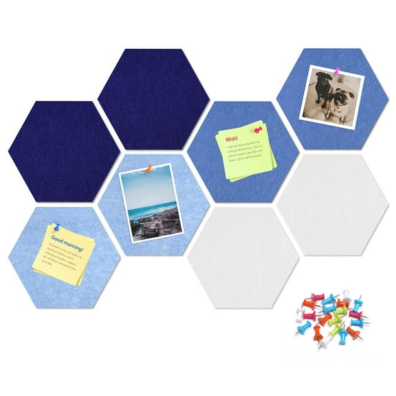 12" Large Bulletin Board with 30 Push Pins, Pack of 8 Hexagon Felt Pin Board Notice Boards for Home Office Kitchen, Felt Wall Tiles for Photos Memos