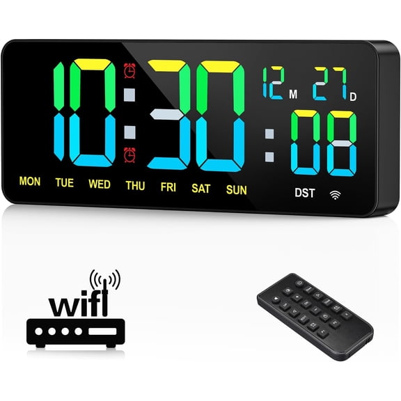 12" Large Digital Wall Clock WiFi Sync for Bedroom, Living Room, Classroom, WiFi Clock with Remote Control, Temperature, Timer, Dual Alarms, Dimmer, Auto DST, Volume Control