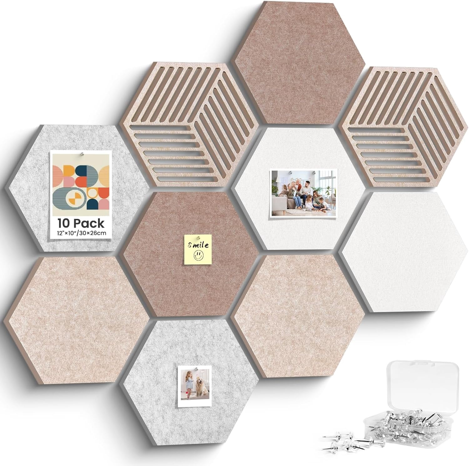 12'' Large Hexagon Cork Board Tiles – 10 Pack Adhesive Frameless Bulletin Board for Office & Home Wall Decor, Vision Board with 35 Push Pins, Decorative Pin Board for Photos & DIY