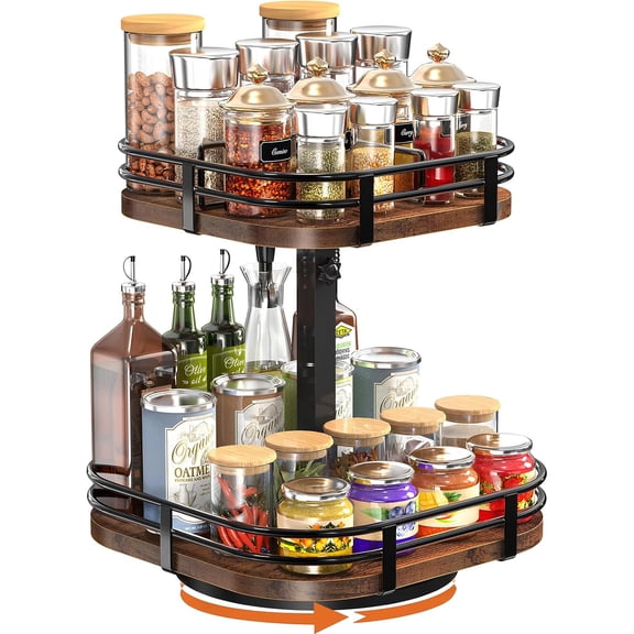 12" Large Lazy Susan Turntable Organizer Adjustable - Rotating Spice Rack for Table Top, 2 Tier Wood Spice Cabinet Organizer for Pantry Kitchen Countertop Coffee Bar Cupboard Bathroom Vanity Storage