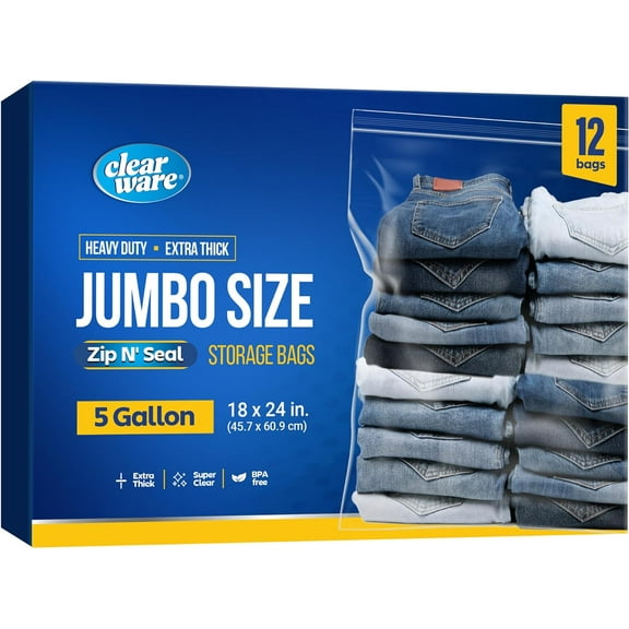 12 Large Storage Bags With Zipper Top - 5 Gallon 18" x 24", Extra Plastic for Clothes, Travel, Moving, Reusable freezer bags, BPA-Free, 2-mil Thick