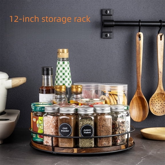 12" Lazy Susan Organizer Rotating Spice Rack for Kitchen Countertop Round Wooden Turntable Holder for Cabinet, Dining Table, Cupboard Storage – Black