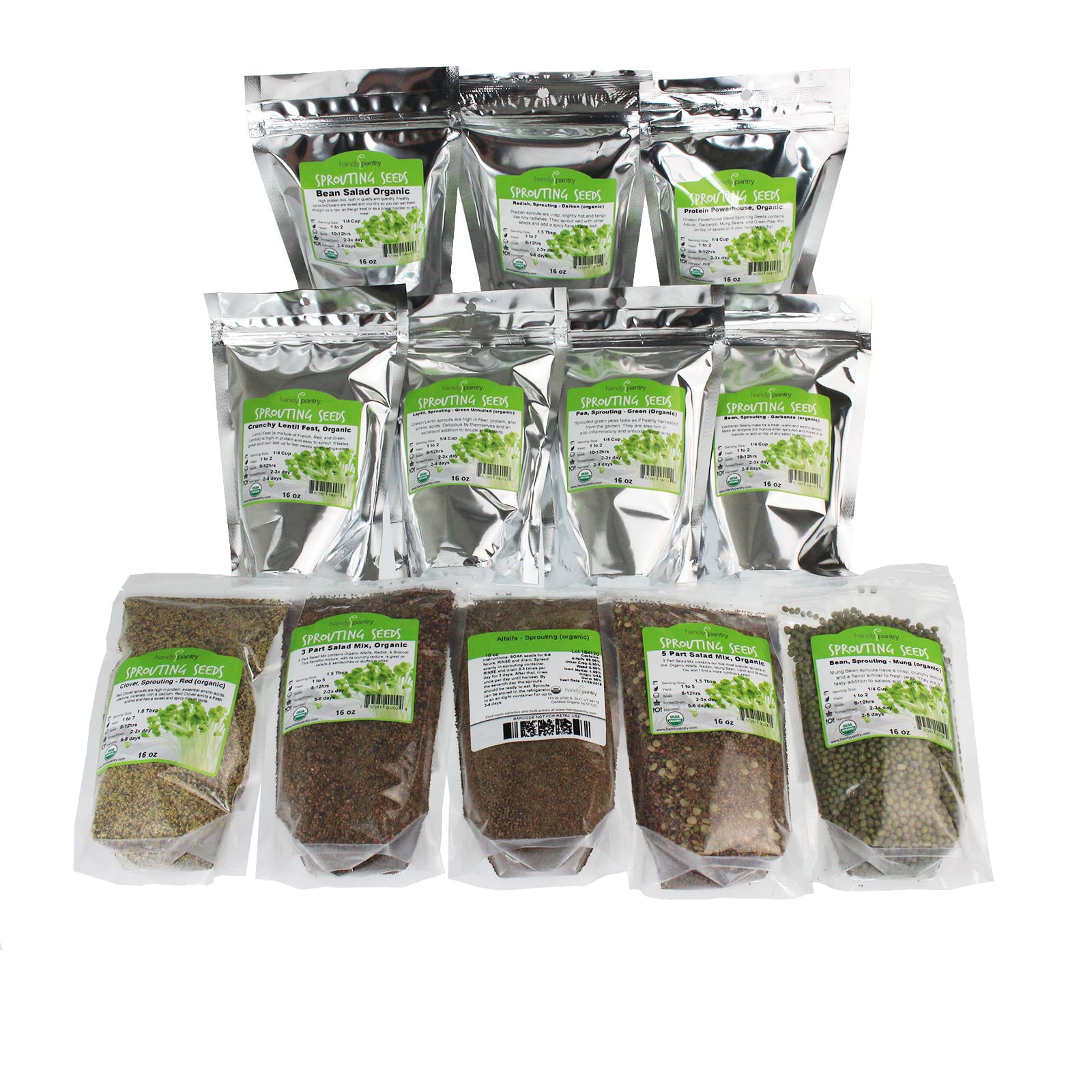 12 Lb Sprouting Seed Assortment - 1 Lb Ea. of Organic Sprout Seeds - Alfalfa, Radish, Clover, Lentil, Mung Bean, Garbanzo Beans, Green Pea, Bean Salad Mix, Protein Powerhouse Mix, More