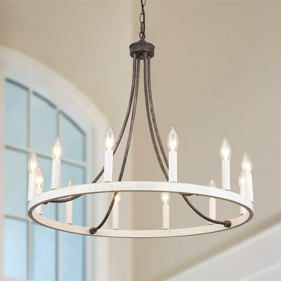 12-Light 26.77-inch Vintage Rustic Wagon Wheel Chandelier for Kitchen Antique Brown+Retro White
