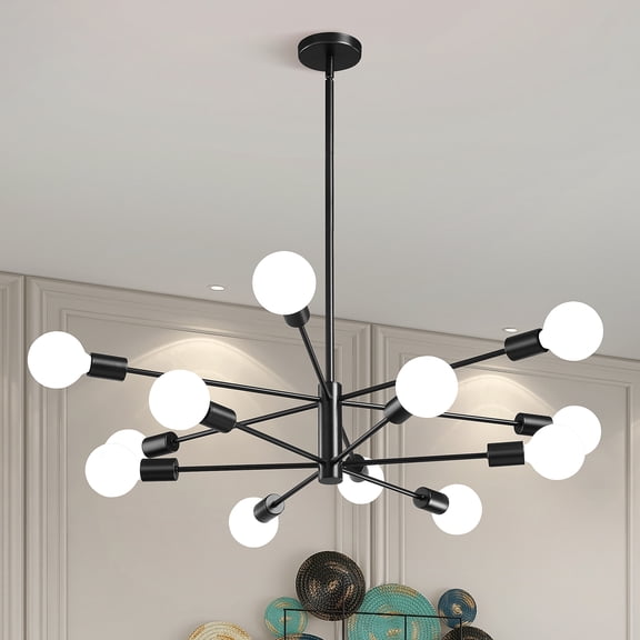 12-Light Black Chandelier Modern Chandelier Ceiling Light Fixture for Dining Room Over Table Height Adjustable Lighting Fixture Ceiling Hanging for Living Room Kitchen