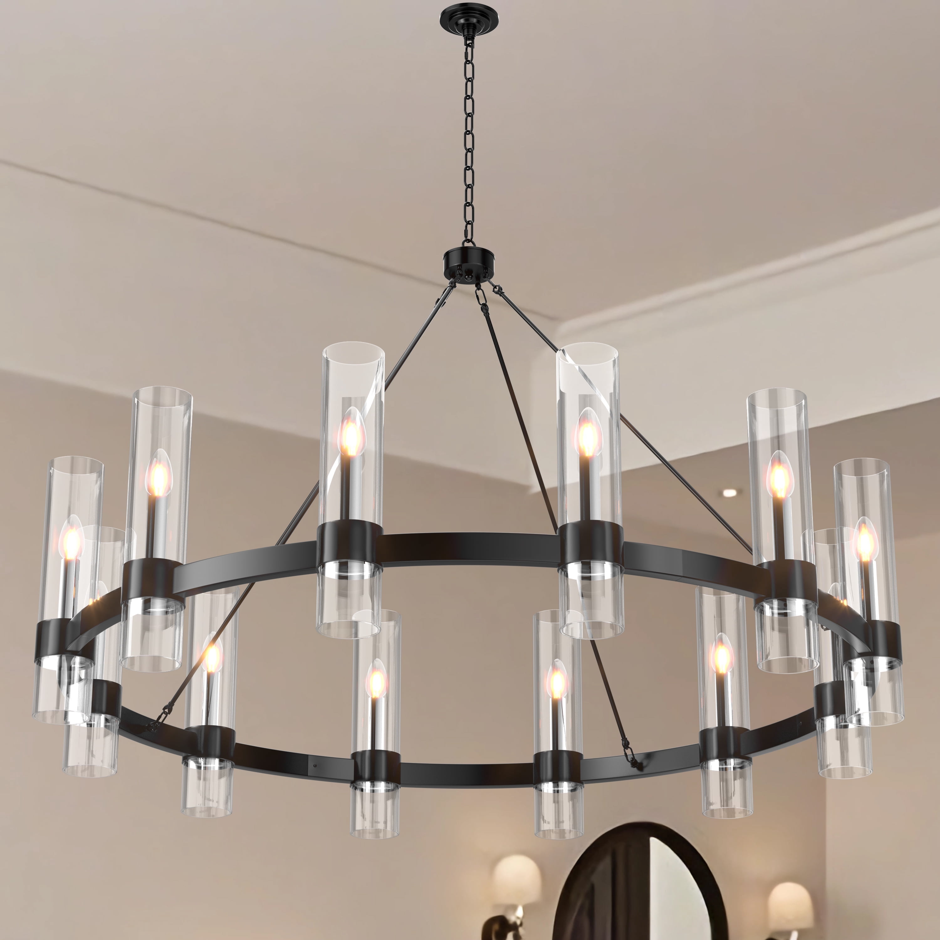 Extra Large 47'' Wagon Wheel Chandelier – 16 Lights, Matte Black, Farmhouse Rustic, Adjustable Height 31.5-90.5'', Sloped Ceiling Compatible, E12 Bulbs, Dimmable
