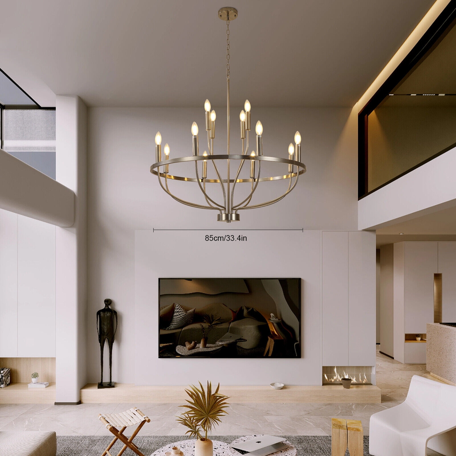 12-Light Brushed Nickel Chandelier Diam 33.46in, Farmhouse Industrial Country Style Large Round Pendant Light Fixture for Dining Room, Kitchen Island