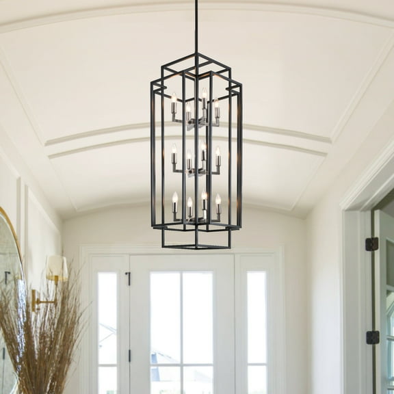 12 Light Chandelier,Black Lantern Light Fixtures with Farmhouse Metal Cage Adjustable Height Rustic Geometric Hanging Light E12 Base for Kitchen Island,Entryway,Indoor