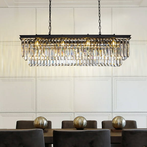 12-Light Contemporary Matte Black Rectangular Crystal Chandelier for Dining Room