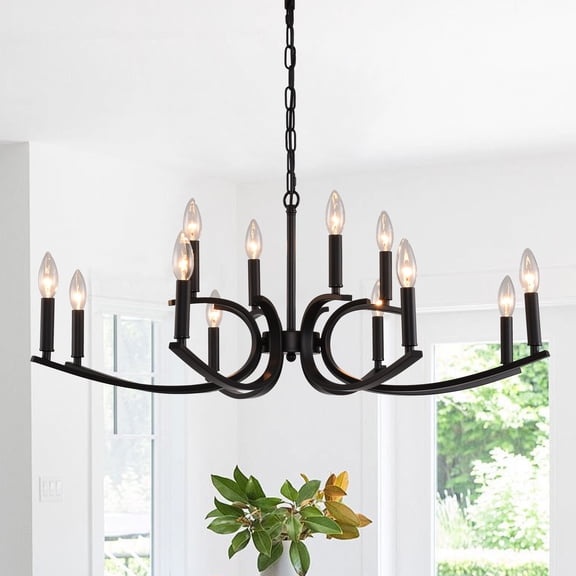 12-Light Farmhouse Chandelier, Black Metal Chandeliers Light Fixtures Industrial For High Ceiling Living Dining Room Foyer. Adjustable Height-E12 (No Included Bulb)