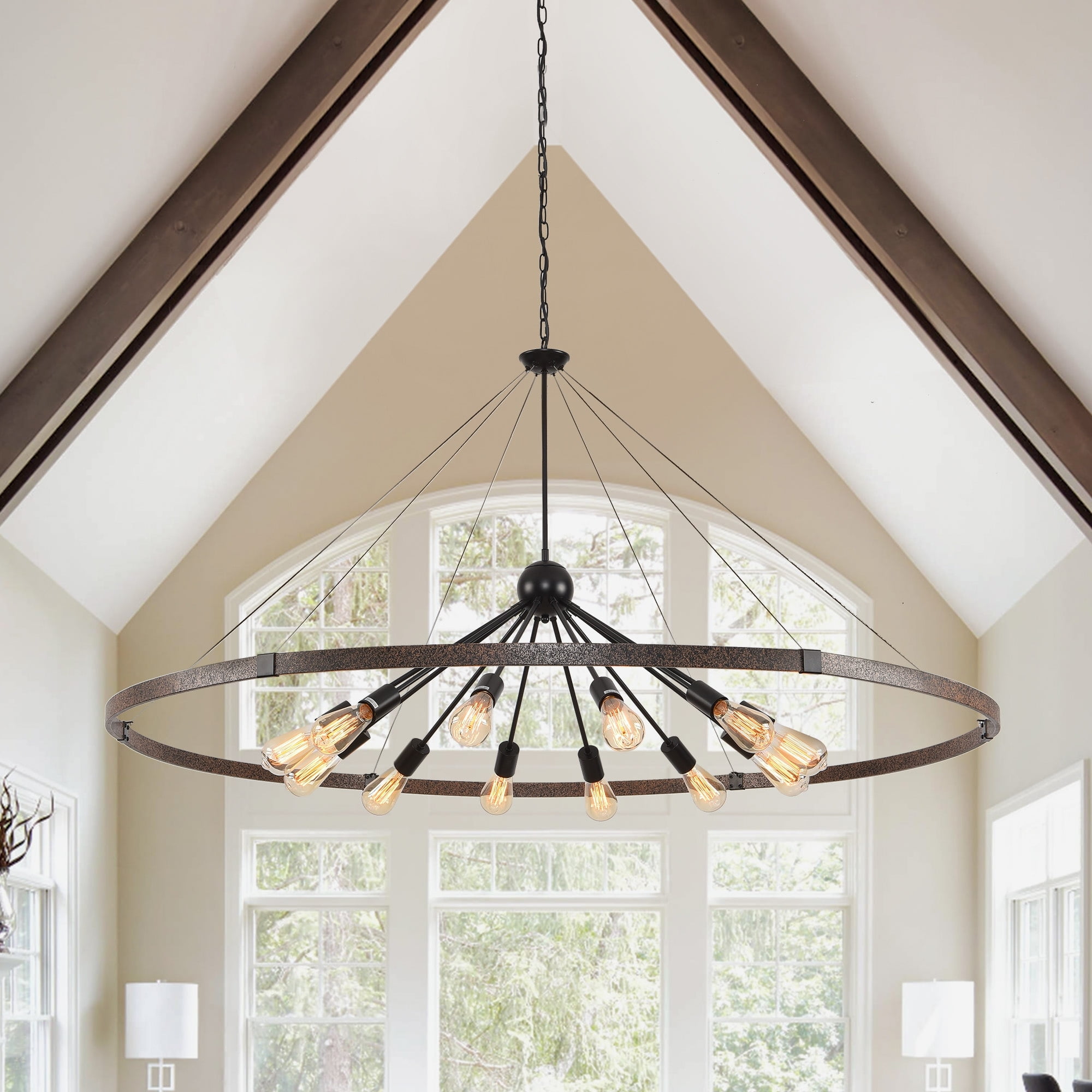 24-Light Farmhouse Wagon Wheel Chandelier - 53''