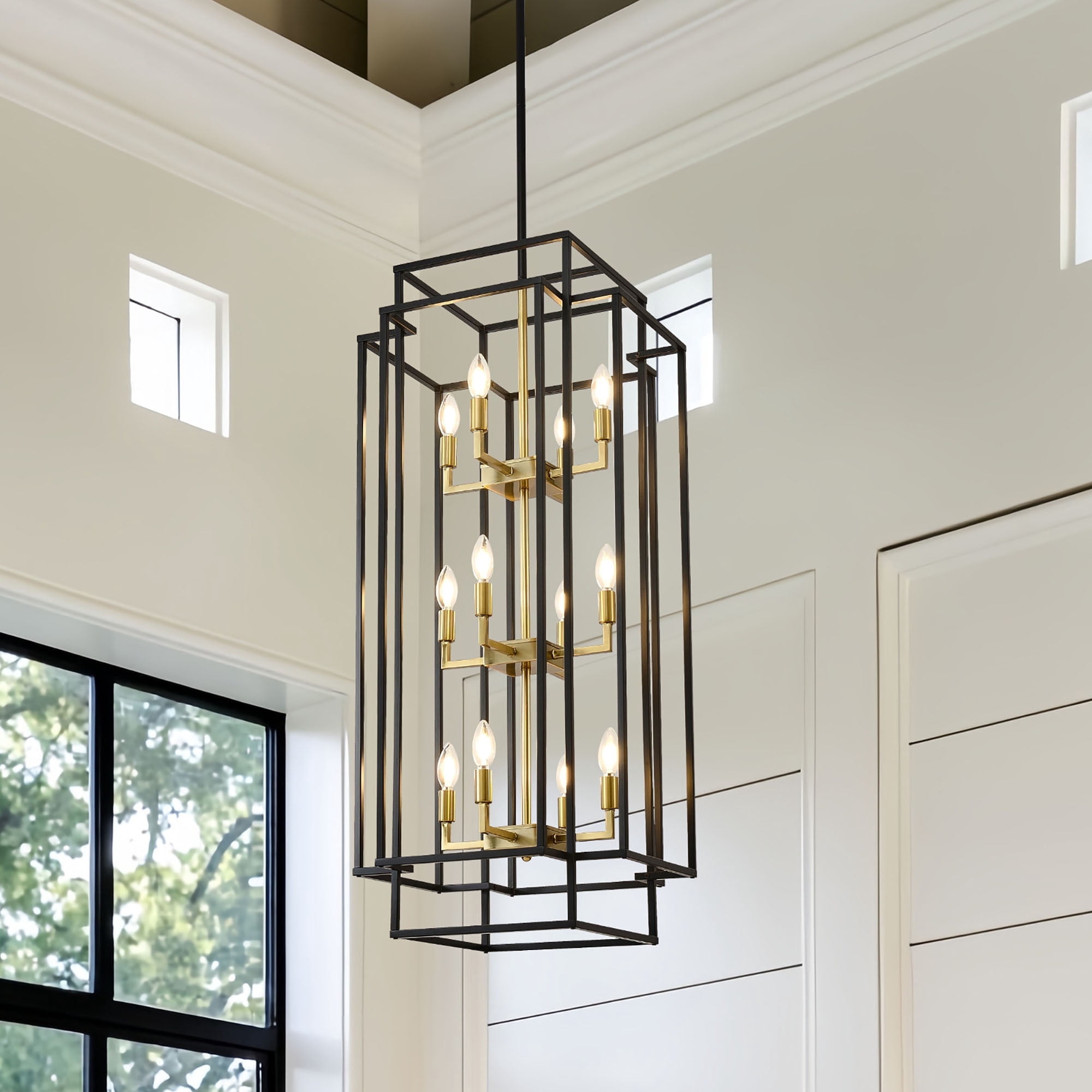 12-Light Lantern Tiered Pendant Light Fixtures,Farmhouse Foyer Chandelier, Black and Gold Dining Room Light Fixture for Living Room Staircase Entryway