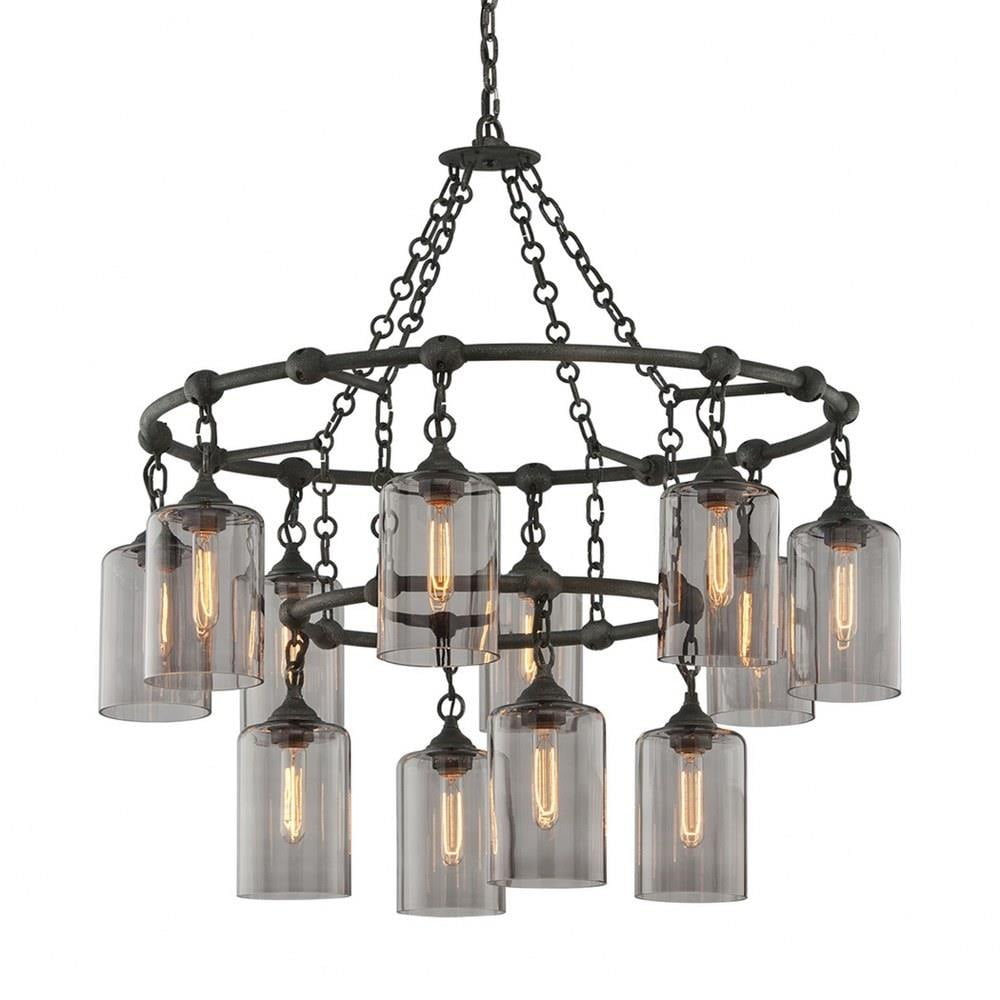 Aged Pewter 12-Light Chandelier with Smoked Glass Shades