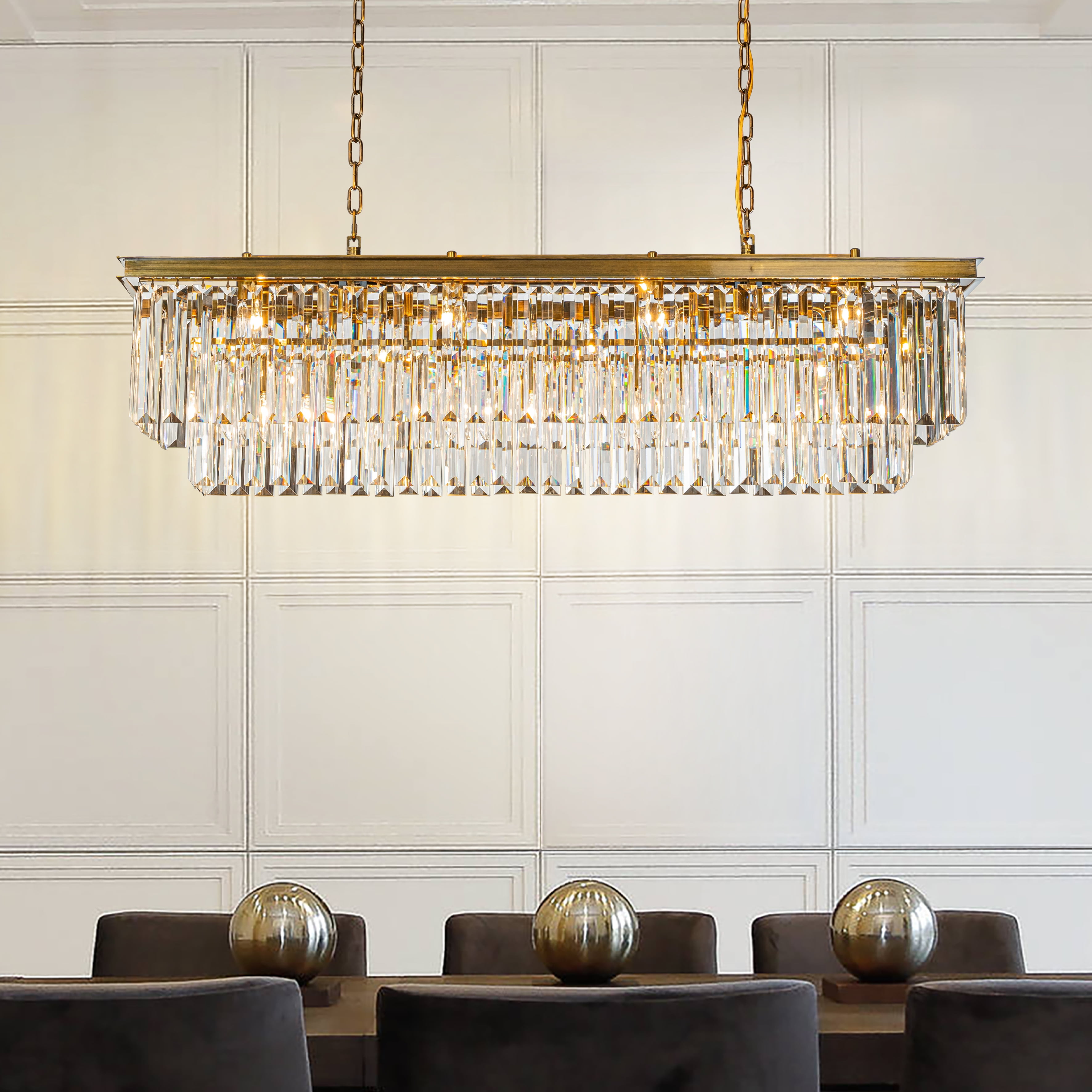 Antique Gold Rectangular Crystal Chandelier with Clear Glass Shade