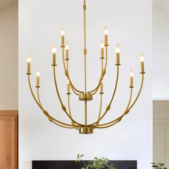 12-Light Modern Gold Chandelier, 35 Inch Large High Ceiling Chandelier, Industrial Candle Pendant Ligh for Living Room Kitchen Entryway Foyer