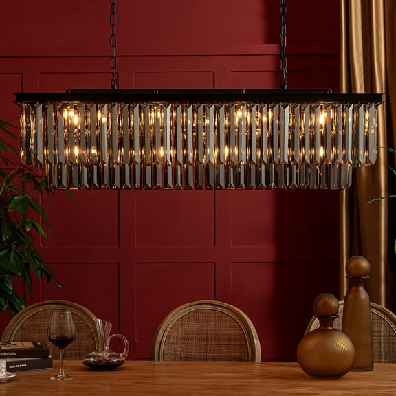 12-Light Modern Luxury Rectangular Fring Crystal Chandelier 49 Black Linear Pendant Light with Smoked Crystals for Kitchen Island, Dining Room