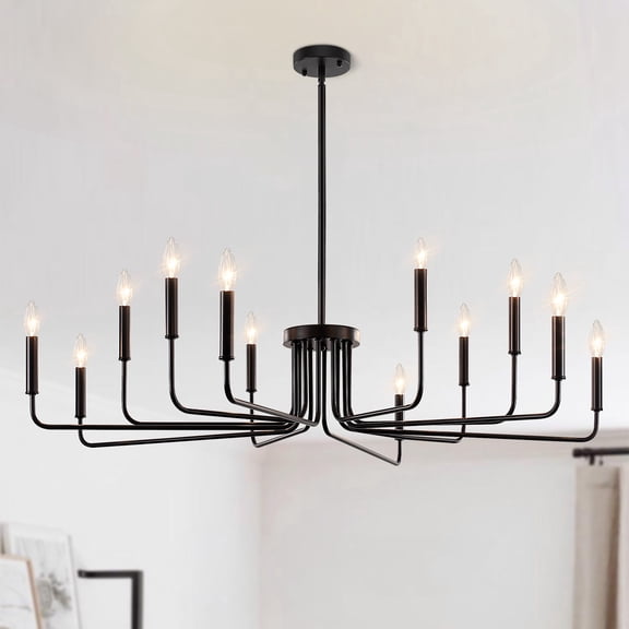 12-Light Oversized Matte Black Chandelier, Dimmable Candle Style Farmhouse Light for High Ceilings Dining Room