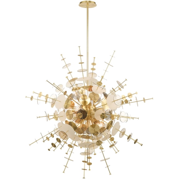12 Light Satin Brass Grand Foyer Pendant Chandelier with Satin Brass Discs & Glass Discs Shade