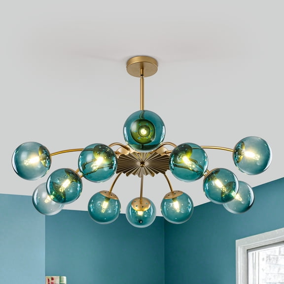 12-Light Mid-Century Modern Blue Chandelier with Glass Globes