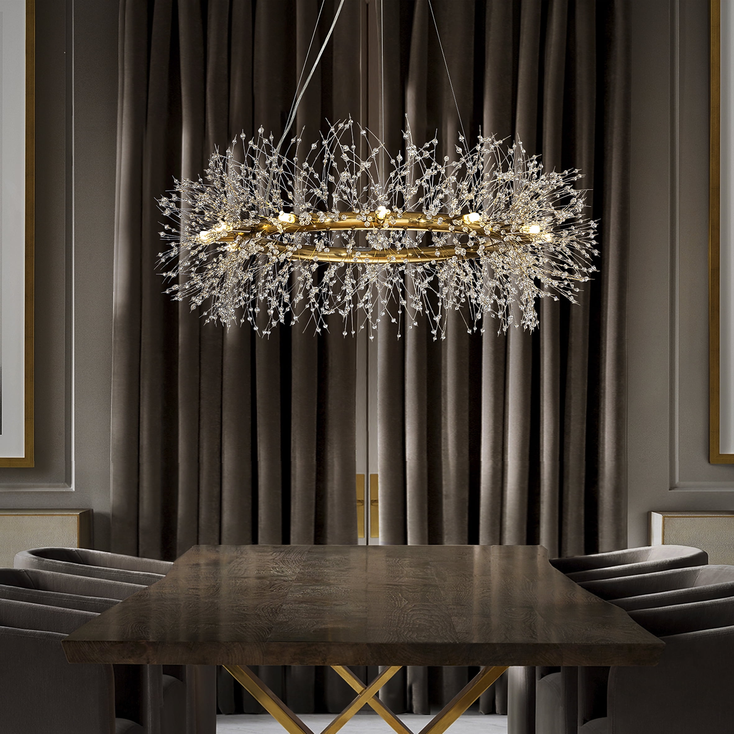 12-Lights Antique Brass Wagon Wheel Modern Crystal Firework Chandelier Glam Round Pendant Light Fixture for Dining Room or Living Room