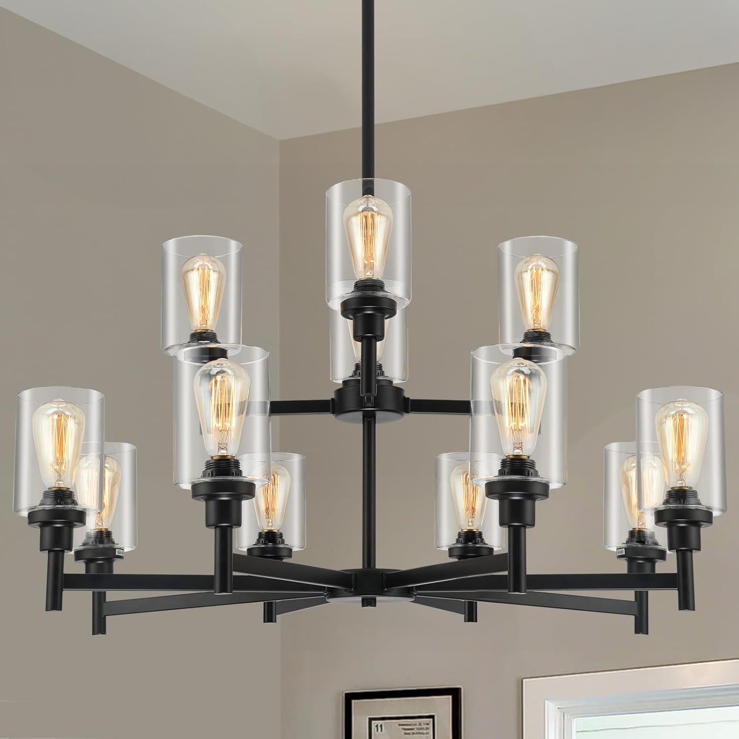 12 Lights Black Farmhouse Chandelier with Clear Glass Shade for Living Room Light Fixture, 2 ...