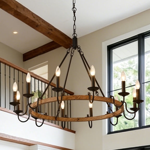 12 Lights Rustic Wagon Wheel Chandelier,Farmhouse Pendant Light Fixture,Candle Wood Chandeliers for Dining Room Living Room Kitchen Entryway