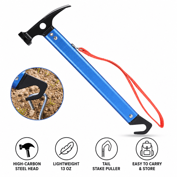 12" Lightweight Camping Tent Hammer, Aluminum Handle Tent Stake Mallet Puller with Lanyard for Outdoor Hiking Tarp