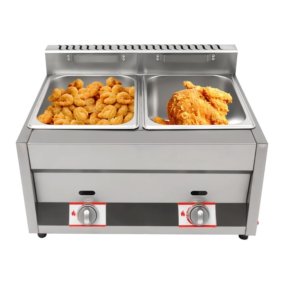 12 Liter Dual Tank Commercial Stainless Steel Deep Fryer, High Capacity Countertop Gas Frying Machine for Restaurant, Supermarket & Fast Food Stall Use