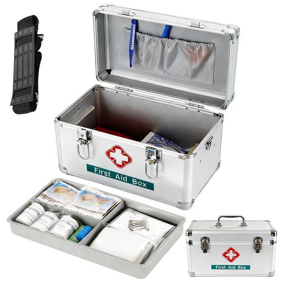 12 in Lockable Medicine Storage Box, Double Layer First Aid Box with Key Lock, Handle and Shoulder Strap, Aluminum Alloy Portable Medicine Organizer Case for Home, Office and Travel
