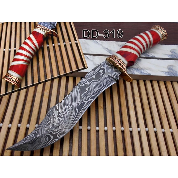 12" Long Damascus Steel Hunting Bowie Knife Hand Forged, Exotic Scale Crafted with Engraved Brass, Sliced Camel Bone and Wood W/Brass Spacer