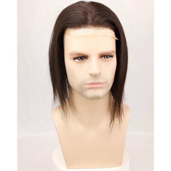 12" Long Hair Men's Toupee Natural Wave 100% Virgin Human Hair Replacement System for Men 10"x8" Base Size Natural #4 Medium Brown Color