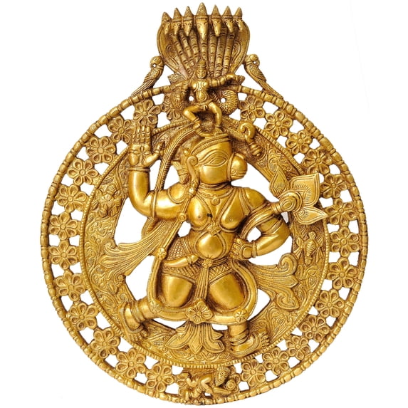 12" Lord Hanuman Carrying Lotus Flower and Krishna on the Top | Wall Hanging Brass Statue