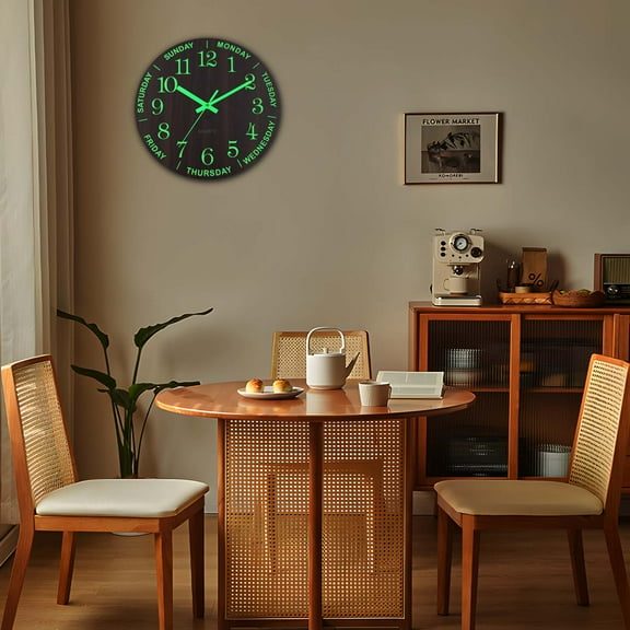 12" Luminous Wall Clock - Silent Quartz Hanging Watch with Glow Night Light for Home Decor, Modern Minimalist Wood Grain Design, Battery Operated